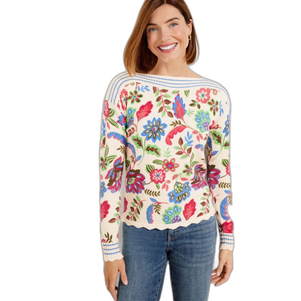 TALBOTS Bateau Neck Pullover Darling Floral Sweater Medium Boho Soft Scallop Hem